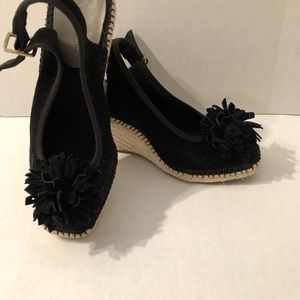 Black Suede open toe wedges.  Size 6.5.